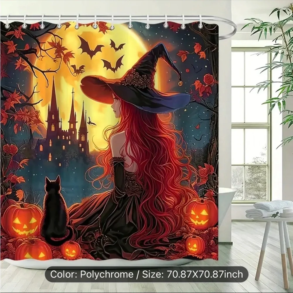 Beautiful Long Hair Witch Pumpkin Bat Ancient Castle Autumn Scene Shower Curtain